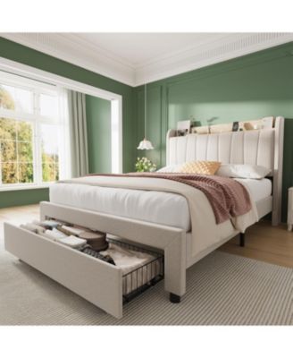 Full Bed Frame with Storage Headboard and Drawers, Wood and Metal Platform Design