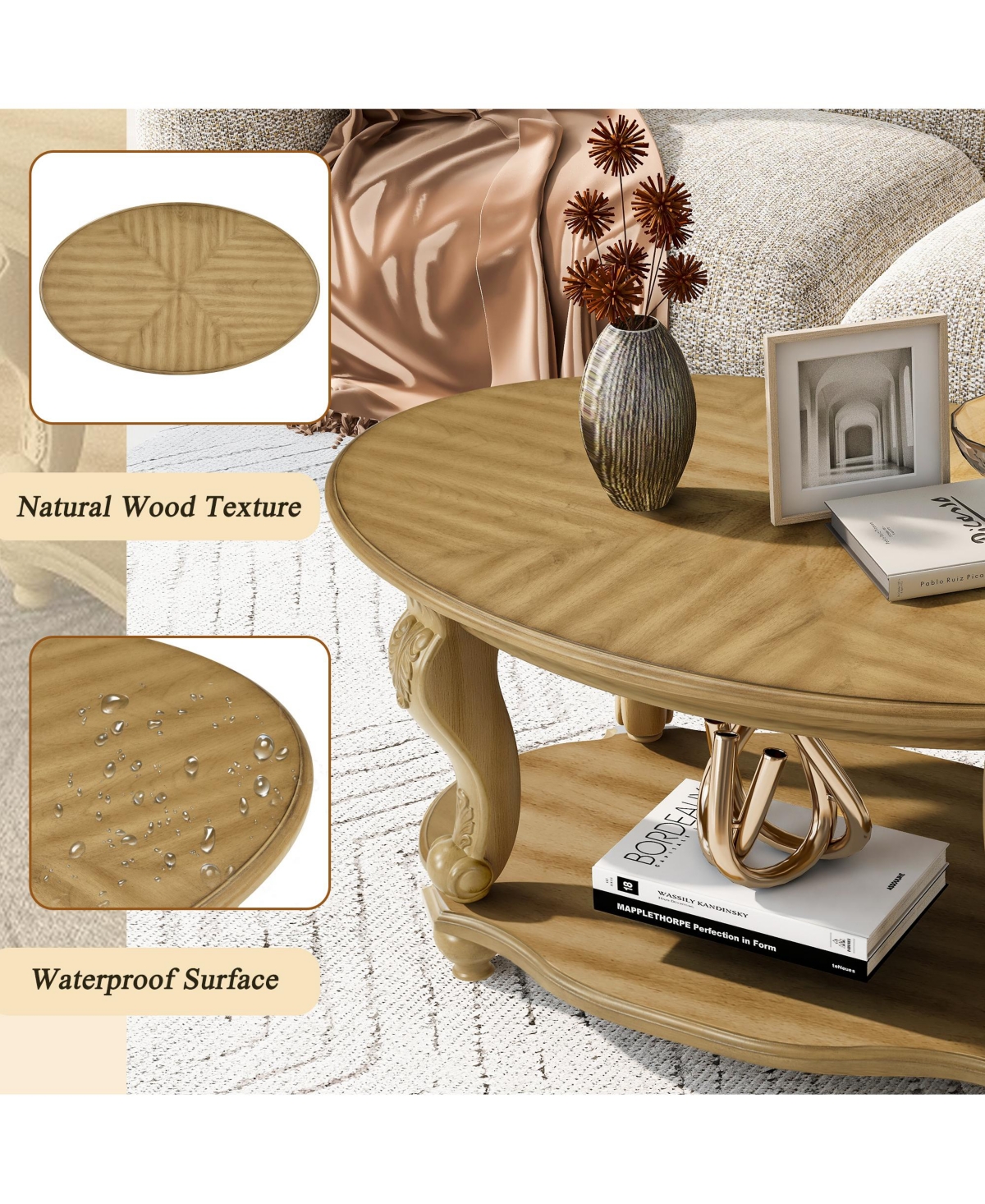 Rainsken 42" Oval Coffee Table, 2-Tier Solid Wood Center Table with Open Storage Shelf for Living Room, Small Space