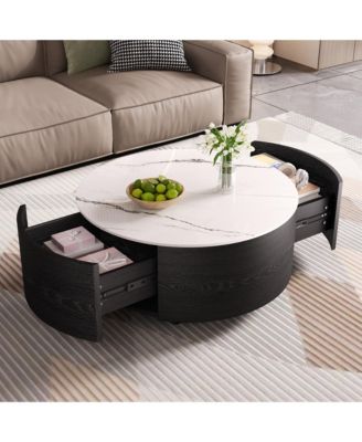 29.5" Round Movable Coffee Table on Wheels, Modern Wood Center Table with Marble Textured Sintered Stone Top and 2 Drawers for Living Room
