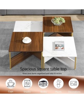 Modern Nesting Coffee Tables Set of 4 - Mid Century Modern Square Center Table, Free Adjustable Shape for Living Room