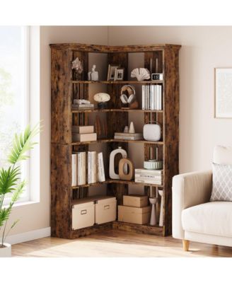 72.8" Tall 5-Tier L-Shaped Wooden Corner Bookshelf with Open Storage