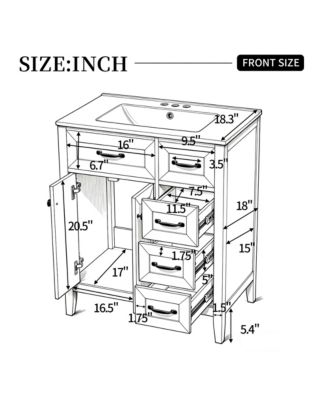 30 Inch Freestanding Bathroom Vanity with Ceramic Sink Metal Handles Solid Wood Legs Soft Close Doors and Drawers