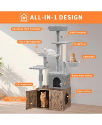 Cat Tree with Litter Box Enclosure, 2-in-1 Modern Cat Tower with Scratching Posts, Multiple Platform and Large Condo