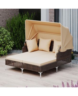 PE Wicker Patio Daybed Lounger with Retractable Canopy