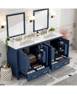 60 Inch Double Bathroom Vanity Set, Freestanding Solid Wood Cabinet with Ceramic Sinks and Soft Close Doors, Modern Storage.