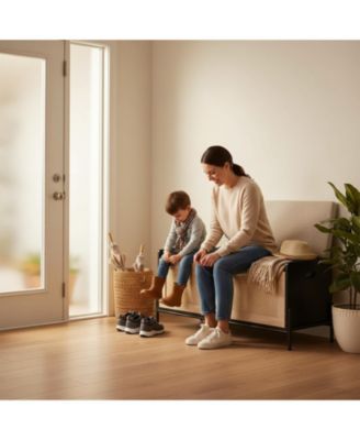 Rattan Storage Bench with Cushion Safety Hinges Shoe Chest for Living Room Bedroom