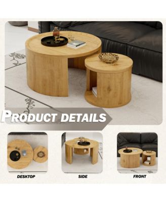 Round Nesting Coffee Table Set of 2 - Modern Circle Wooden Center Table, 31.5" Big and 18" Small Stacking Side Table for Living Room