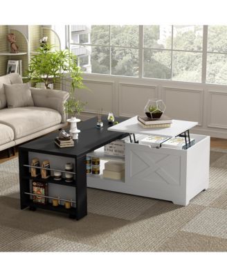 Farmhouse Lift Top Coffee Table - Wood Rectangle Center Table with Extendable Table, Barn Doors and Hidden Storage Space for Living Room