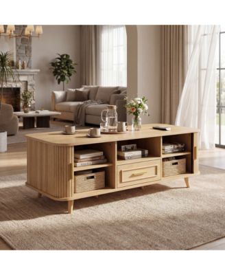 Modern Rectangular Coffee Table with Pull-Out Drawer and Vertical Grooved Panels, Center Table with 6 Storage Spaces for Living Room