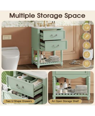24 Inch Vintage Bathroom Vanity with Ceramic Sink, U-Shaped Drawers and Open Storage Shelf for Small Spaces