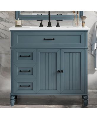 36" Vintage Bathroom Vanity with Ceramic Sink, Acacia Wood Freestanding Cabinet, Soft Close Drawers for Small Bathrooms.