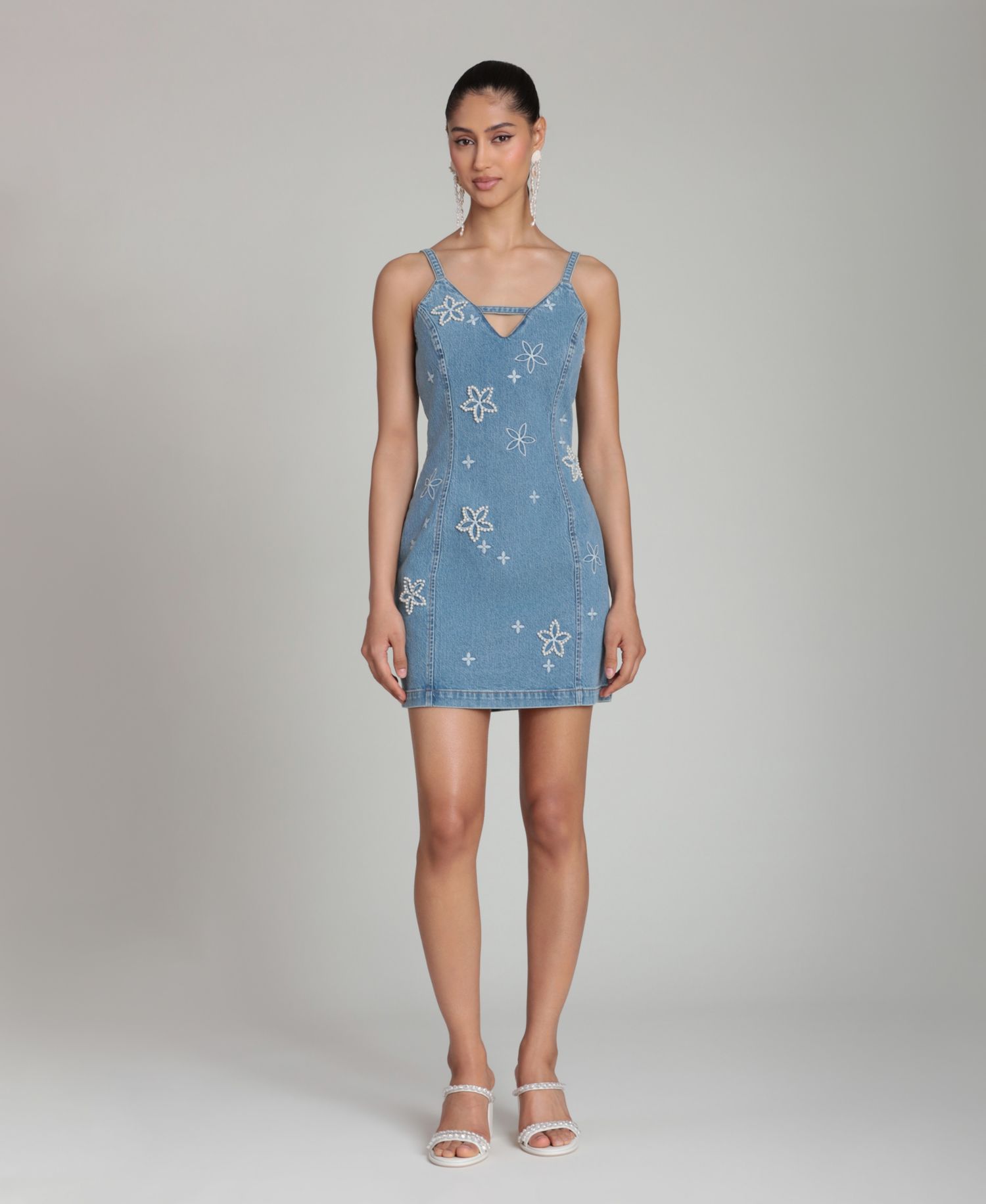 Women's Imitation Pearl Embroidered Detail Mini Dress