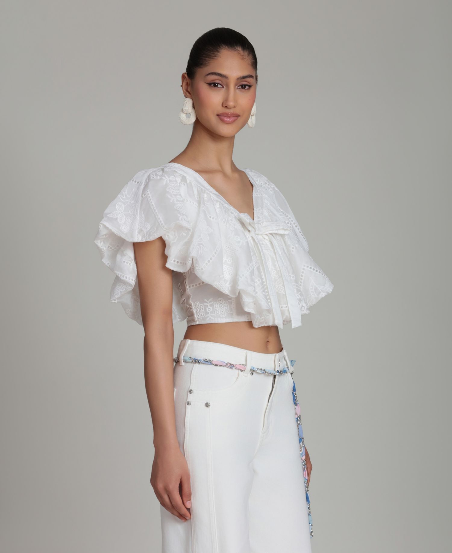 Women's V-Neck Tie-Detail Bubble Top