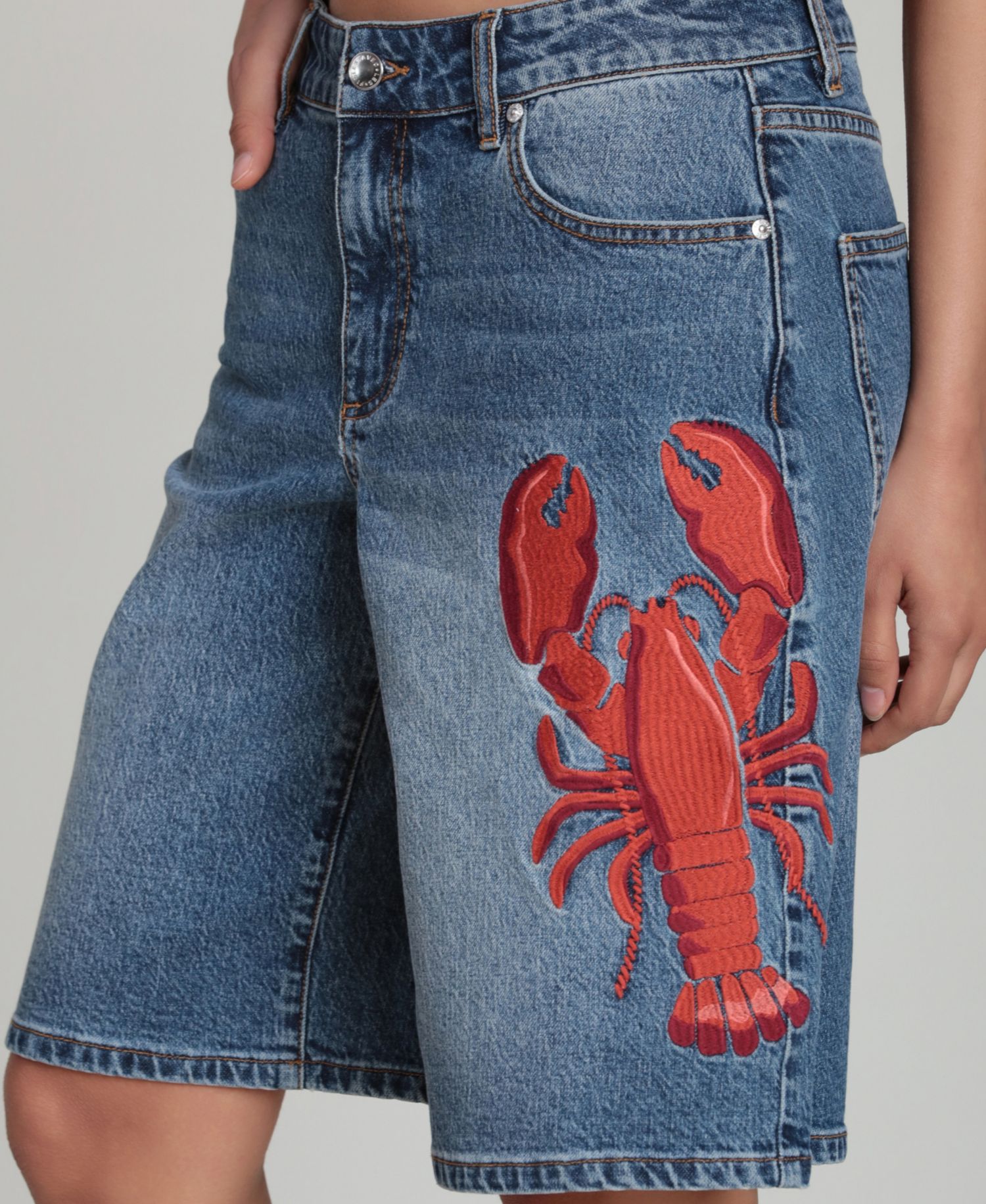 Women's Mid-Rise Lobster Embroidered Denim Shorts