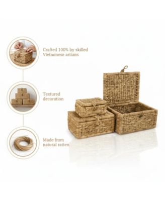 Wicker Storage Basket Set of 3 with Lids Handwoven Seagrass Decorative Organizers for Toys Clothes Home Decor