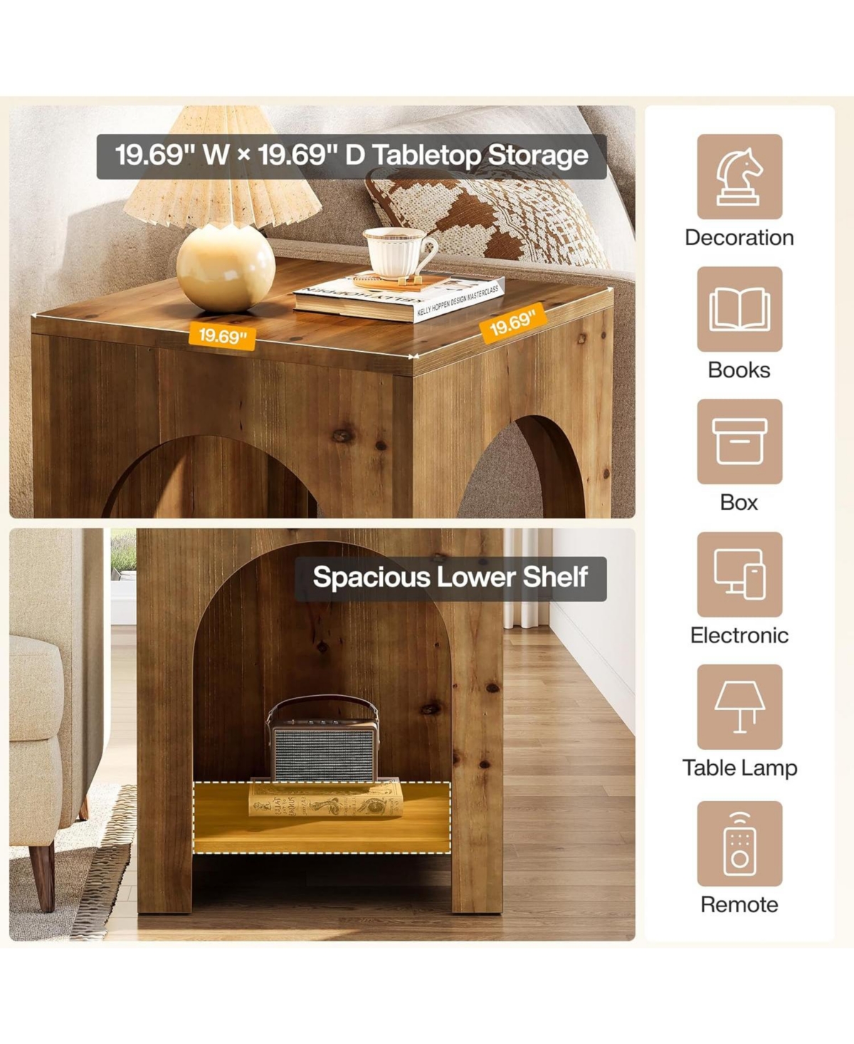 Tribesigns 2-Tier Storage Square Side Table Set of 2, Farmhouse Wooden End Table with Arch Design, Small Nightstand