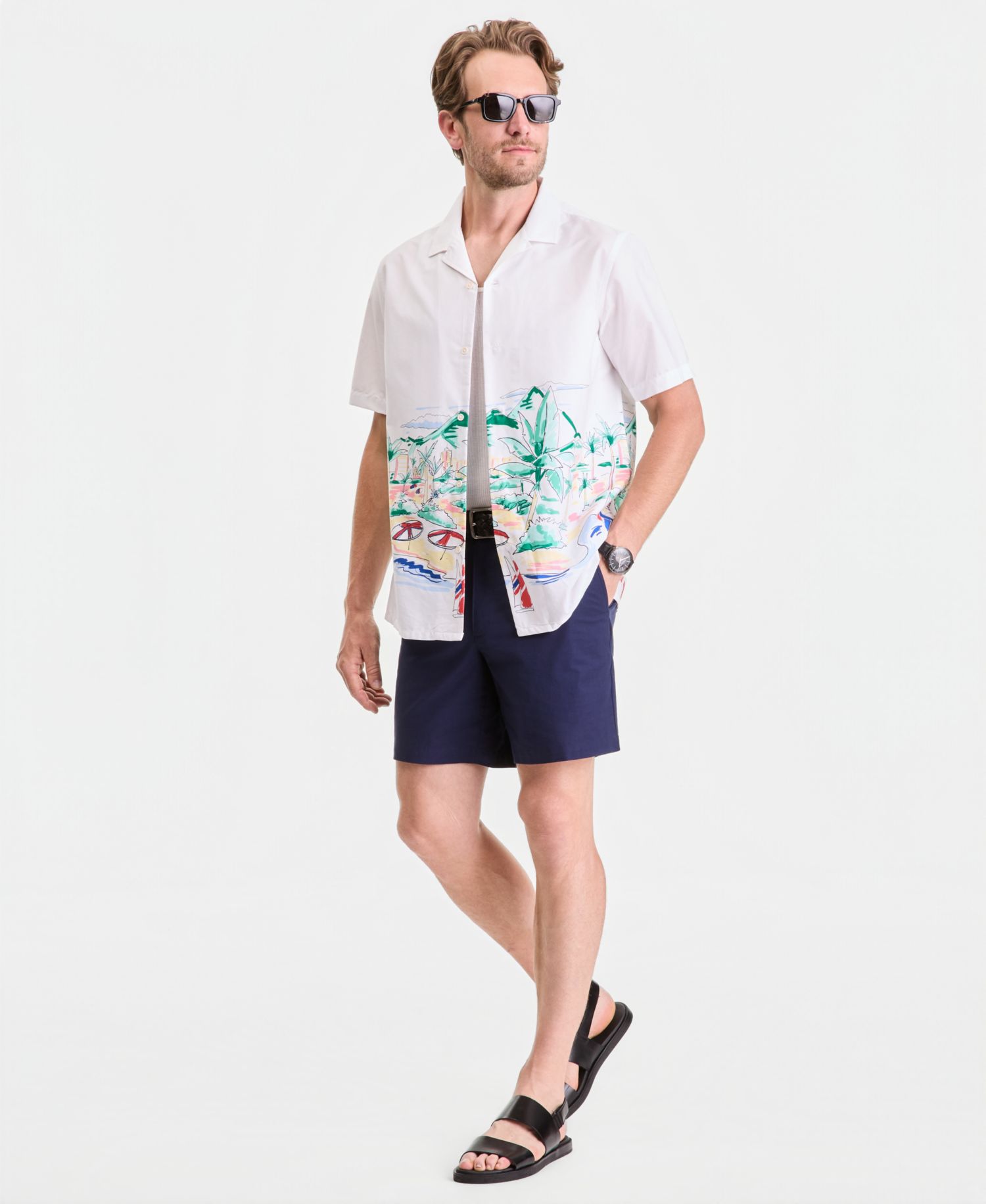 Men's Camp Collar Scenic Print Short-Sleeve Shirt