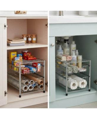 Free Standing Pull Out Cabinet Organizer Double Sliding Wire Baskets Top Shelf Stackable Metal Storage