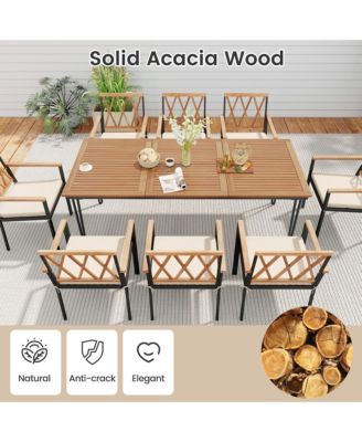 9 PCS Patio Dining Set Rectangular Dining Table w/ Acacia Wood Top Umbrella Hole