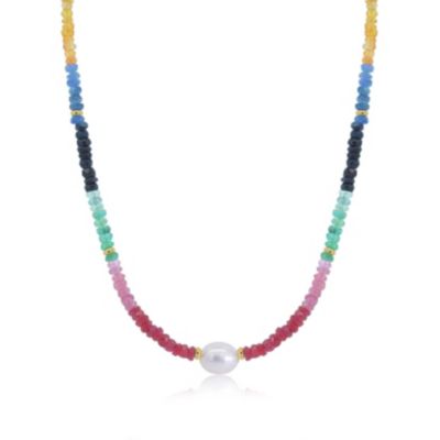 Rainbow Gemstone Bead Pearl Necklace 14K Gold