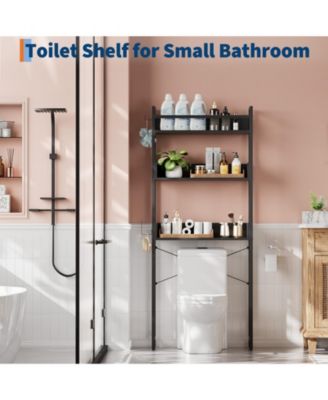 Space-Saving 3-Tier Over Toilet Storage Rack - Freestanding Wooden Bathroom Organizer with Open Shelves and Basket - Ideal Bathroom Basic Shelf