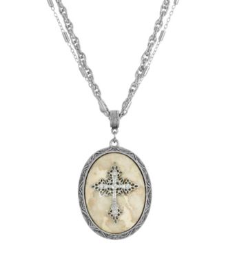 Pewter Cross Oval Rose Quartz Necklace