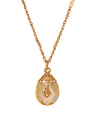 14k Gold Dipped Light Colorado Oval Glass Drop Crystal Cross 16"+3" Necklace