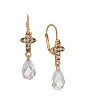 Gold Tone Crystal Cross With Clear Glass Drop Leverback Earrings