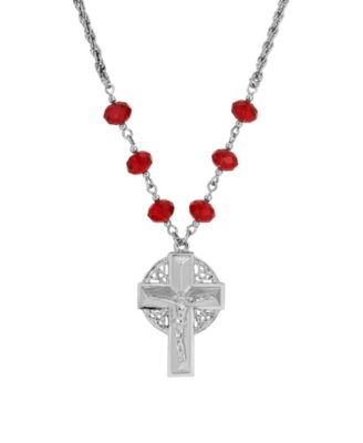 Silver-Tone Crucifix Siam Bead Chain 16" + 3" Necklace