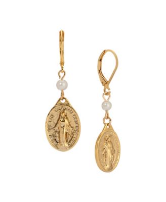 Gold Tone Oval Miraculous Medal Charm Red Bead Leverback Earrings