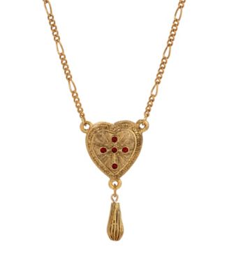 Gold-Tone Heart Red Crystal Cross Bead Drop 18" Necklace