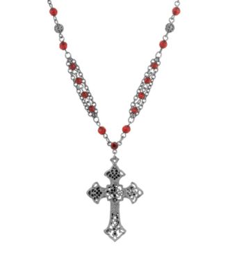 Black-Tone Gothic Cross Red Beaded 16" + 3" Chain Necklace
