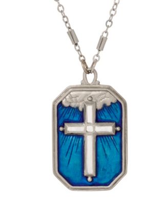 Silver Tone Blue Enamel Silver Cross 24" Necklace