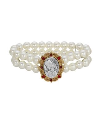 Faux Pearl Bracelet With Red Crystals Silvertone Angel