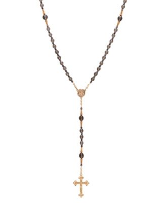Gold Tone Black Diamond Bead Virgin Mary Crucifix Rosary Necklace