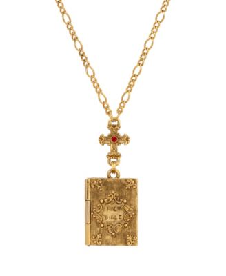 Gold Tone Cross Red Stone Bible Locket Jesus Calvary Decal 28" Necklace