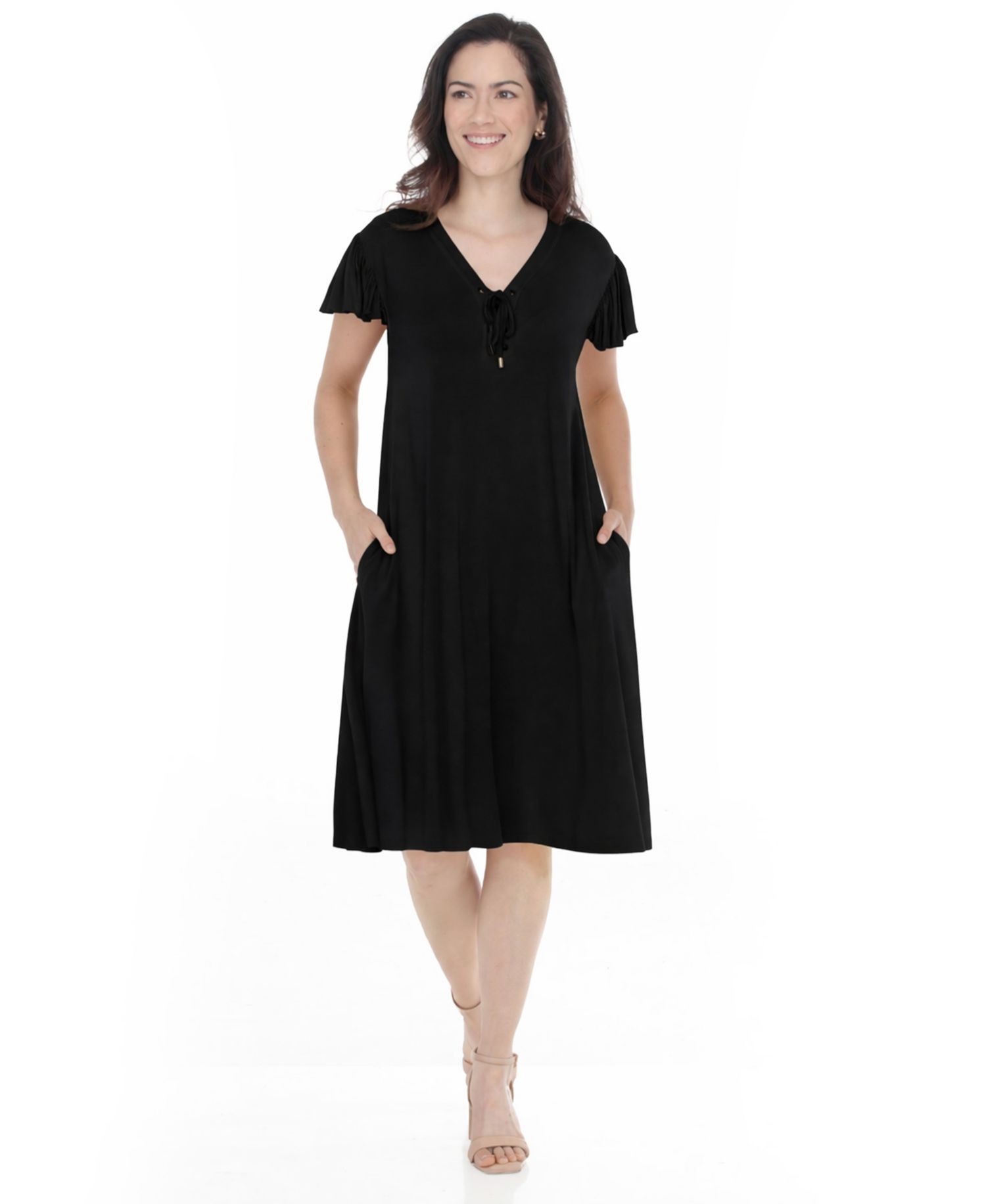 Women's V-Neck Tie-Front Flutter-Sleeve Shift Dress