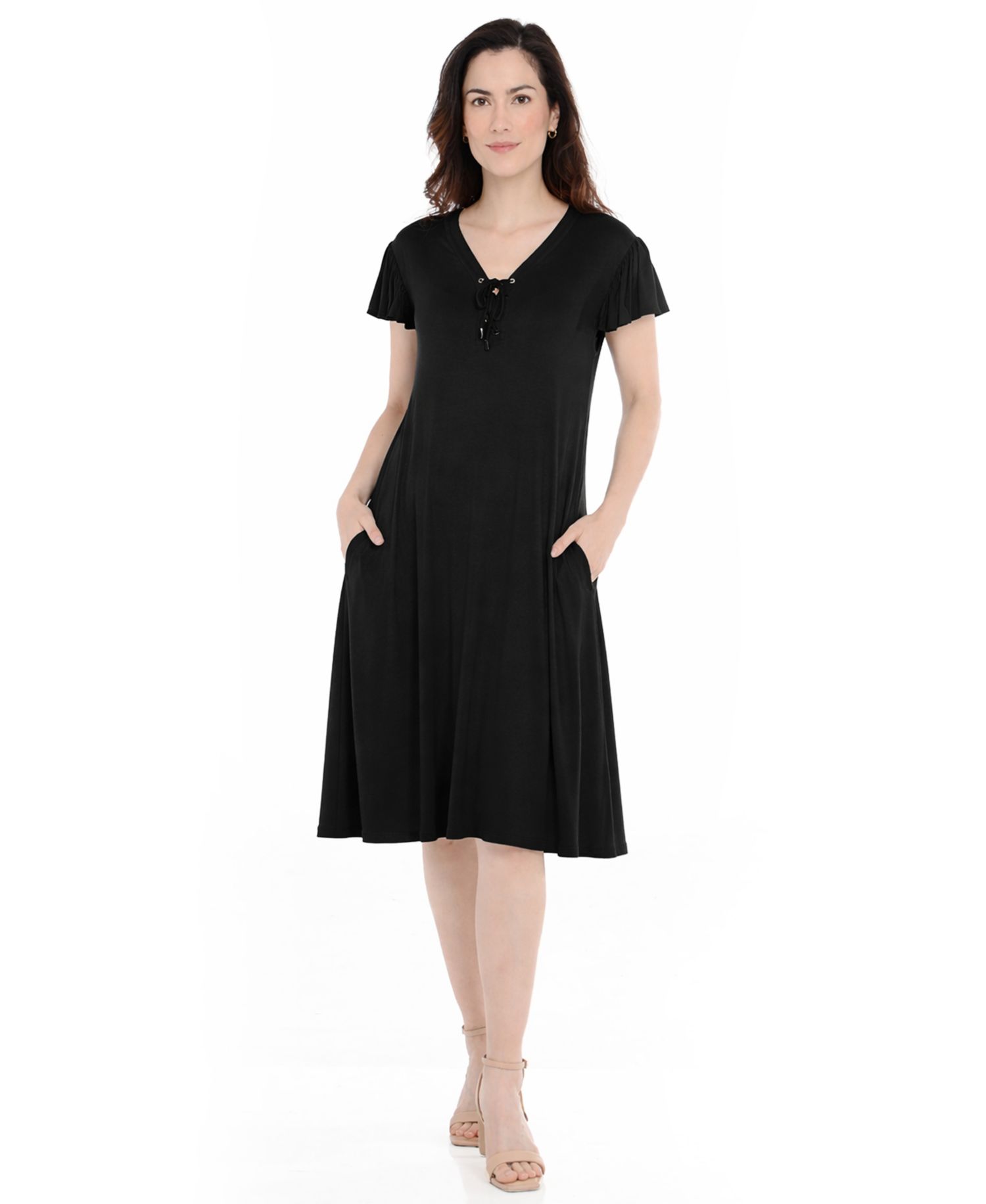 Women's V-Neck Tie-Front Flutter-Sleeve Shift Dress