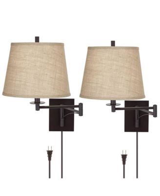Brinly Farmhouse Rustic Swing Arm Wall Lamps Set of 2 Matte Brown Metal Plug-in Light Fixture Burlap Shade for Bedroom Living Room