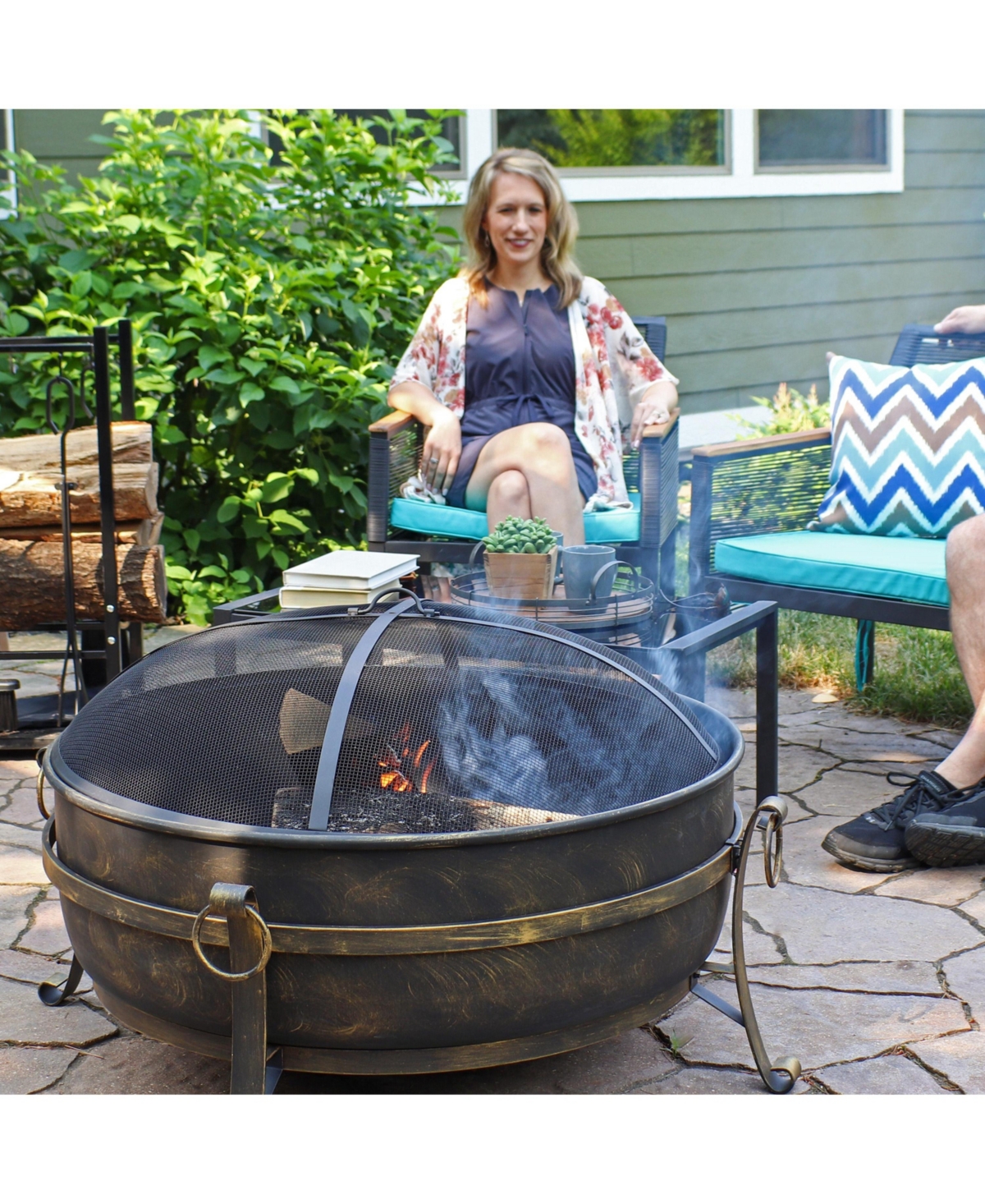 Outdoor Camping or Backyard Round Cauldron Fire Pit with Spark Screen, Log Poker, and Metal Wood Grate