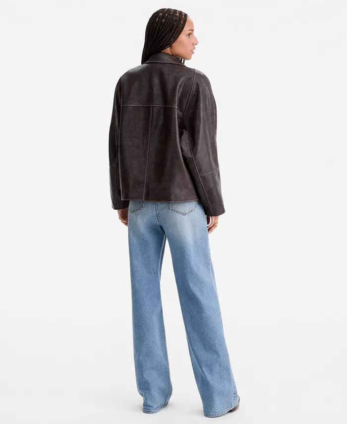 Women's Asymmetric-Button-Front Faux-Leather Coat - thumbnail 4