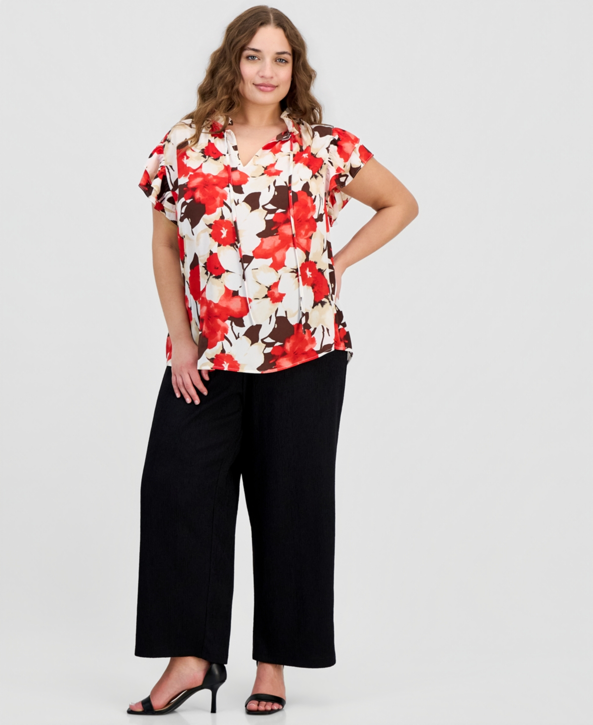 Anne Klein Plus Tie-Neck Flutter-Sleeve Top