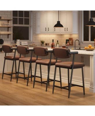 Set of 4 Counter Stools with Armrest, Upholstered Seat and Soft Back