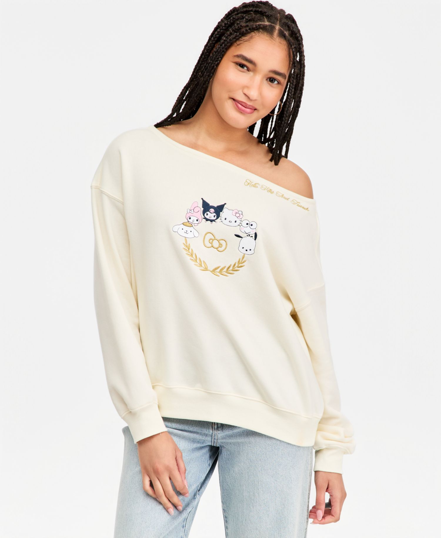Juniors' Hello Kitty & Friends Off-The-Shoulder Fleece Sweatshirt