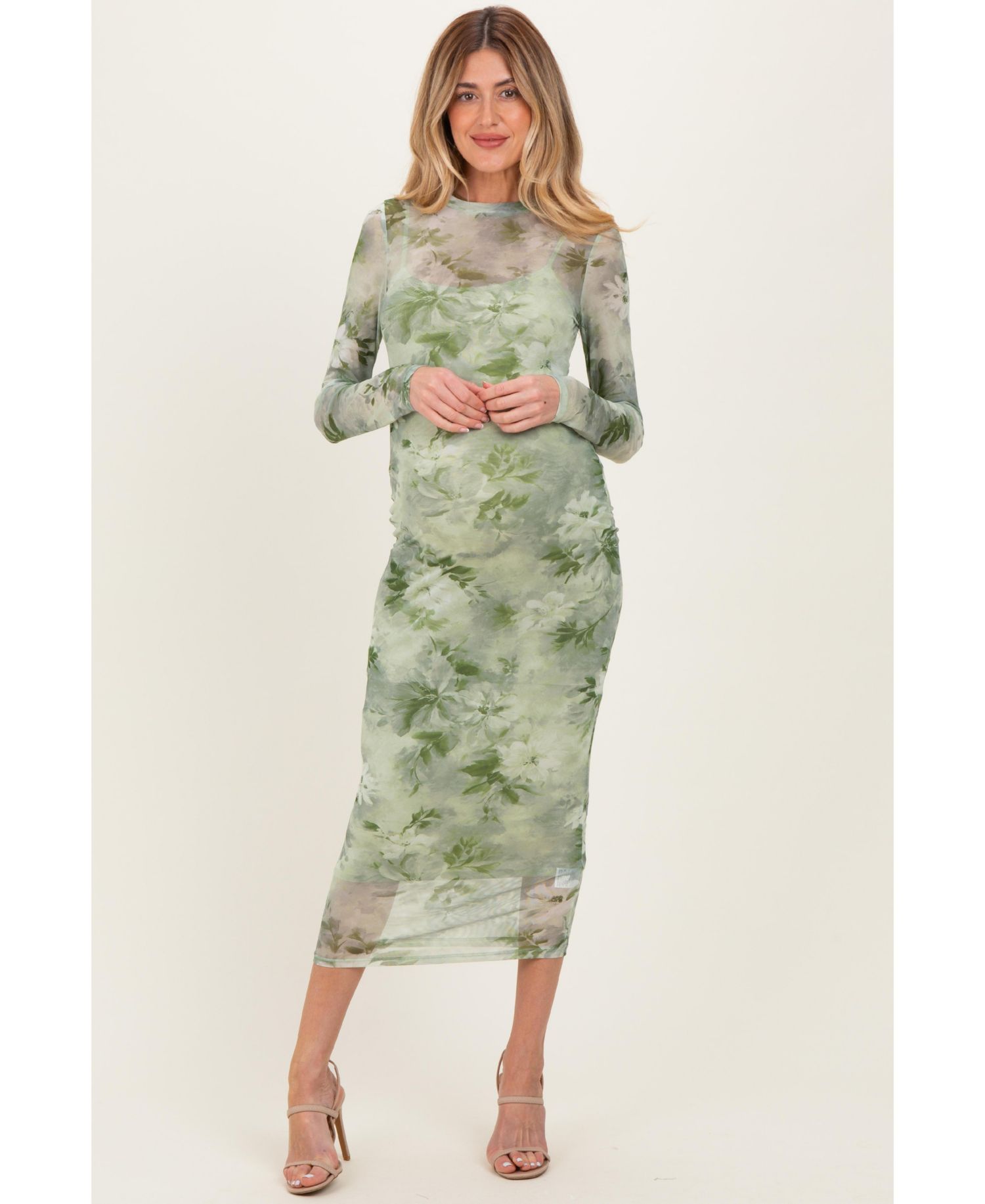 Women's Light Olive Floral Mesh Overlay Maxi Dress