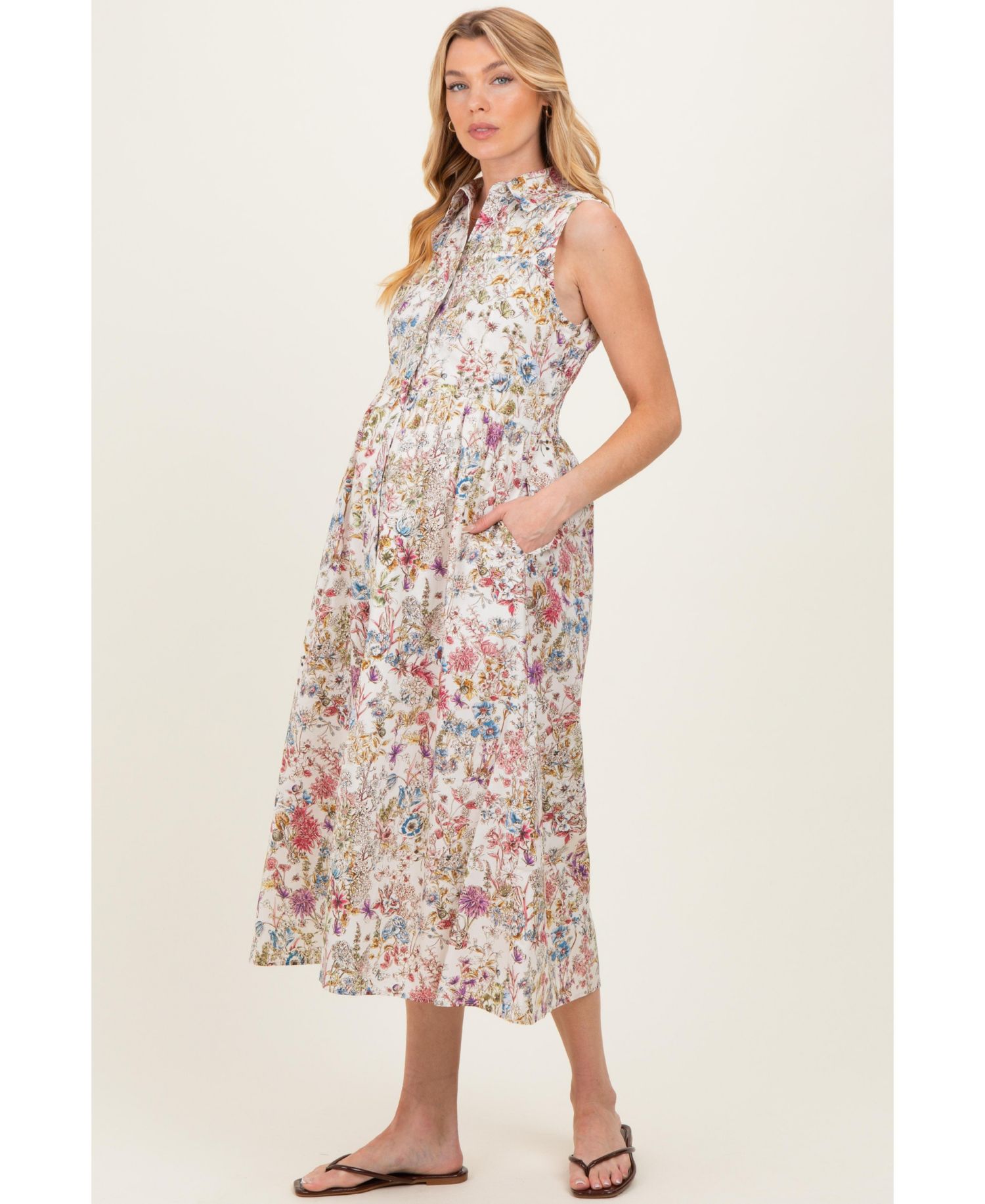 Women's Multicolor Garden Print Sleeveless Shirt Dress