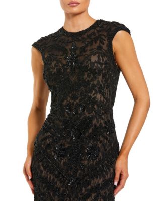 Women's Beaded Lace Mesh High-Neck Sleeveless Column Gown