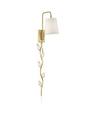 Luca Modern Swing Arm Wall Lamp with Cord Cover Warm Brass Plug-in Light Fixture Up Down Fabric Shade for Bedroom Bedside Reading