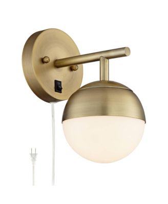 Mid Century Wall Lamps with USB Port Brass Plug-In 5 1/2" Light Fixture Frosted Glass Shade for Bedroom Reading
