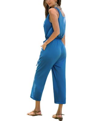 Women's Sleeveless Henley Drawstring Waist Jumpsuit